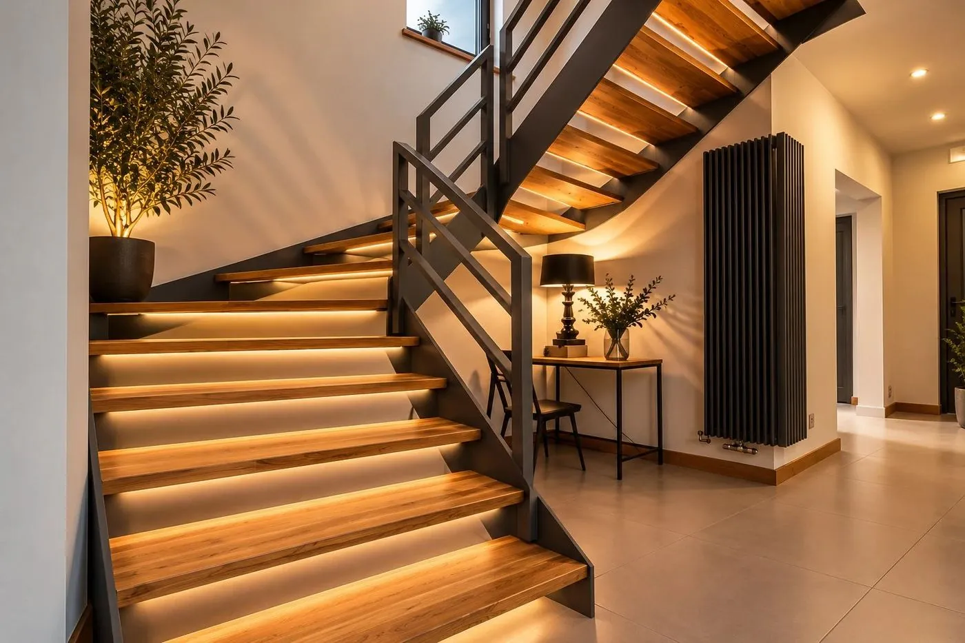Stahltreppe mit anthrazitfarbenem Stahlholm und beleuchteten Holzstufen