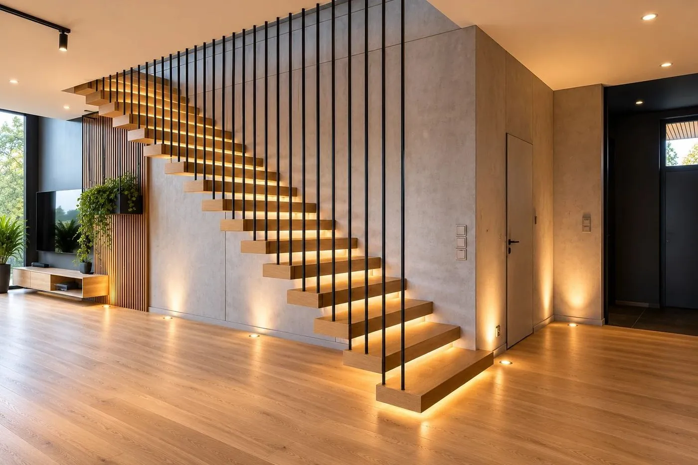 Kragarmtreppe mit schwebenden Eichenstufen, schwarzen Stäben und LED-Beleuchtung