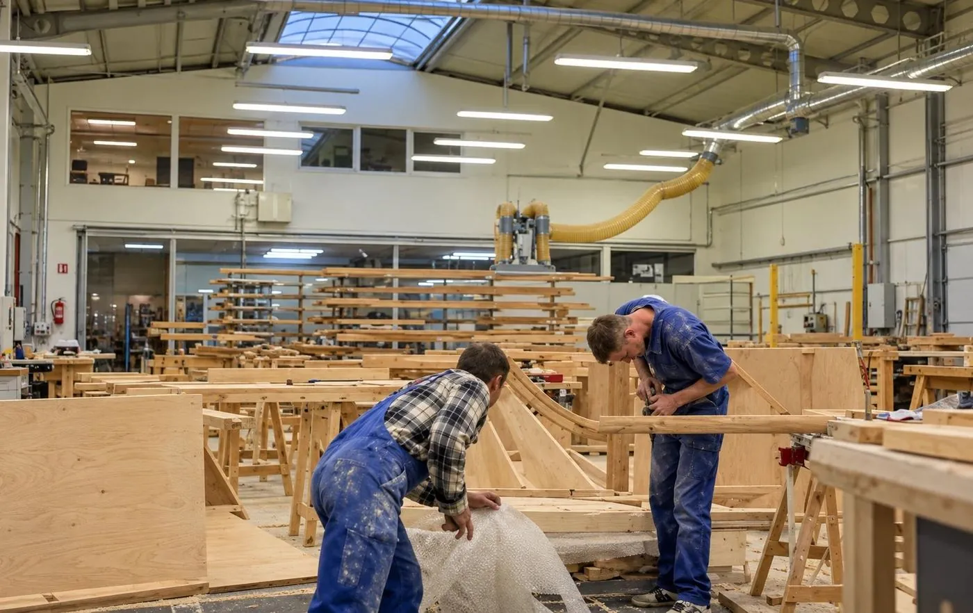 Zwei Tischler von FS-Treppen fertigen einen geschwungenen Handlauf in der Werkstatt